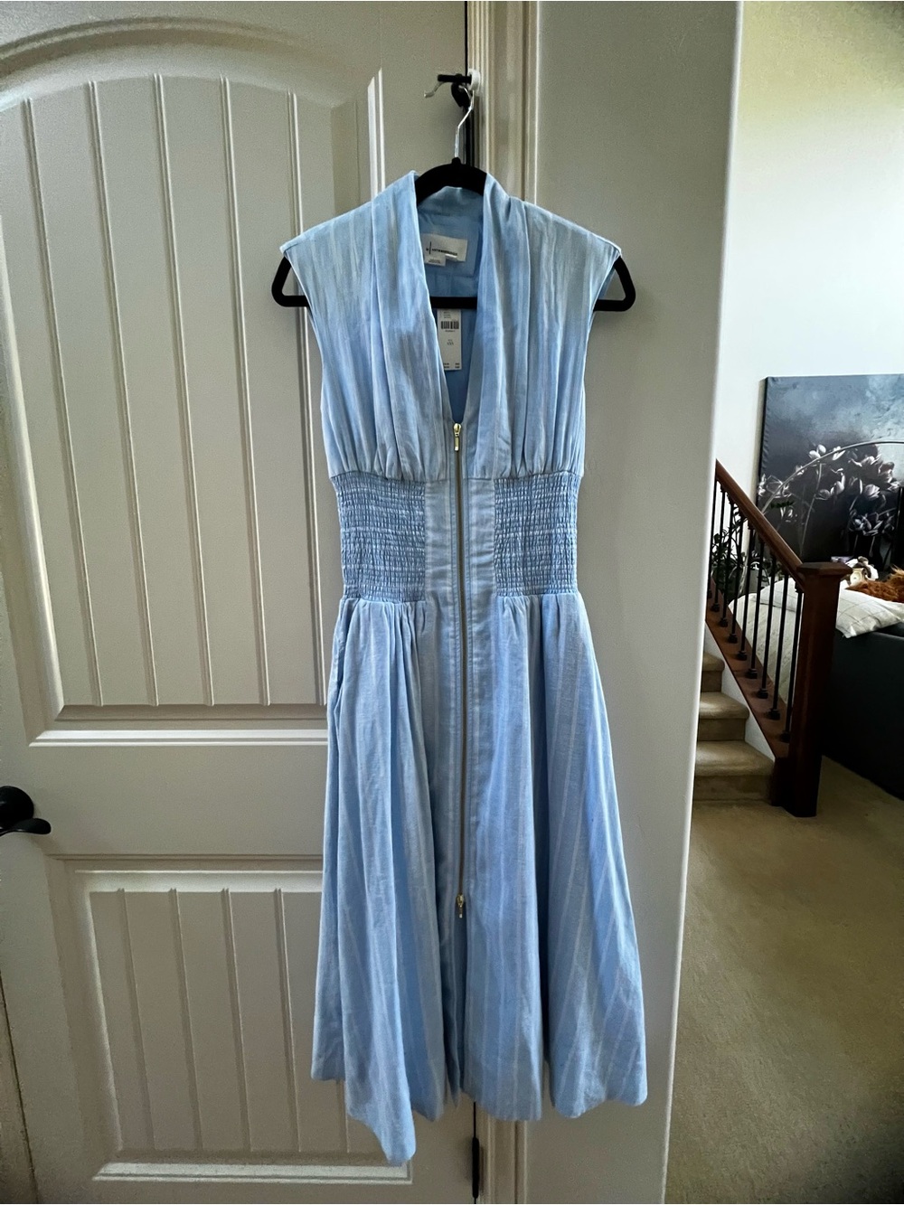 Anthropologie Sleeveless Light Blue Shirred-Waist Midi Dress with Front Zip